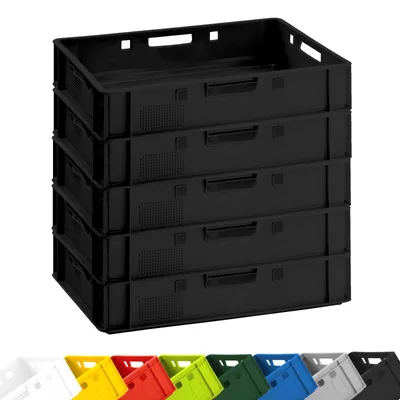 Produktbild von Fleischerkiste E1 Lagerkiste 60x40x12,5 cm | 5x Fleischkiste Metzgerkiste flach | extrem vielseitige Stapelkiste | lebensmittelecht, robust, stapelbar, Farbe:schwarz