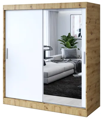 Zdjęcie produktu dla Szafa przesuwna - 180x200cm -Dąb Artisan / Biały Mat - Szafa przesuwna HUGO - z lustrem- do sypialni i garderoby