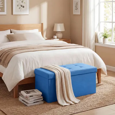 Produktbild von Klappbare Aufbewahrungsbank mit Leinensitz, 84 L Stauraum, 76x38x38 cm, Blau