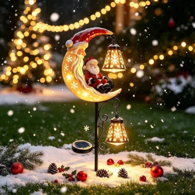 Produktbild von Weihnachts-Solar-Gartenstecker, LED-Solarlichter mit Weihnachtsmann & Mond-Design, wetterfeste Deko für Garten, Terrasse, Rasen, 80 cm, Gartenleuchten