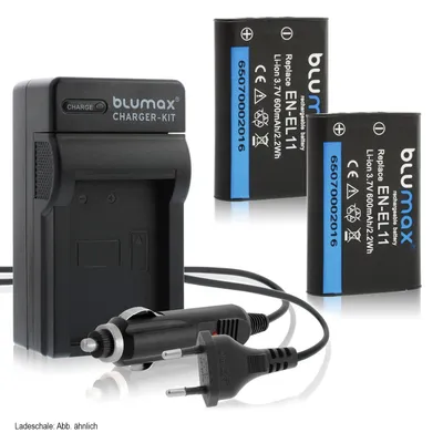 Produktbild von 2x Akku + Lader für Nikon EN-EL11 Coolpix P500, P510, P520, P5000 600 mAh