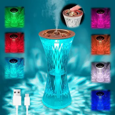 A collage of a humidifier with LED lights in various colors, showing different lighting options and a close-up of the touch control.