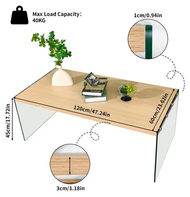 Image de Table basse moderne - Table rectangulaire pour salon, dimensions 120x60x45 cm - Plateau en MDF - Structure en verre trempé - Design minimaliste - Transparente et en bois naturel