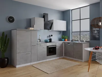 Produktbild von Küche Küchenzeile Küchenblock Winkelküche Weiß Beton Malia 310x172 cm, mit Kühlschrank Respekta