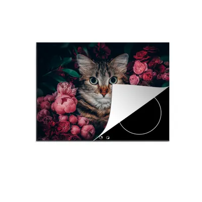 Produktbild von KitchenYeah© Herdabdeckplatte Katze - Blumen - Tiere - Botanisch , 70x52cm, Küche Deko, Glaskeramikkochfeld Herdabdeckung, Abdeckplatte fùr Kochfeld
