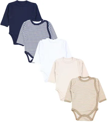 Produktbild von TupTam Baby Unisex Langarm Wickelbody im 5er Set , Farbe: Streifen Hellbeige Dunkelblau, Größe: 62