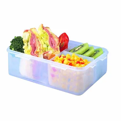 A clear, professional shot of a transparent plastic food container filled with various food items, set against a plain white background.
