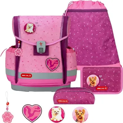 Produktbild von Belmil Classy Plus ergonomisches Schulranzen-Set 5-teilig "Rosie Hearts" mit Brustgurt, Magnetverschluss, Patch Set 3 Stück