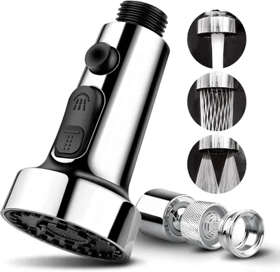 A chrome-finished kitchen faucet spray head with black buttons, shown with inset images demonstrating different water spray patterns and disassembled parts.