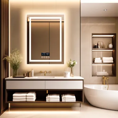 Produktbild von WISFOR LED Badspiegel mit Bluetooth Lautsprecher, Badezimmerspiegel mit Beleuchtung 3 Lichtfarbe, LED Wandspiegel dimmbar beschlagfrei, Touchschalter