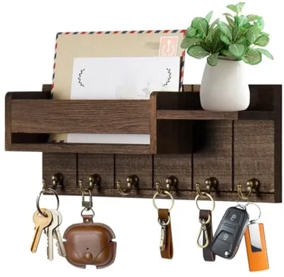 Productafbeelding van PromoHome® sleutelbord met opbergruimte, houten sleutelkast met 6 haken, voor wandmontage, moderne sleutelhouder