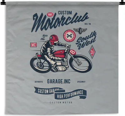 Produktbild von MuchoWow® Wandteppich Wandbehang Motorrad - Helm - Vintage - Zeichnung 150x150 cm Tapisserie Dekoration Wandtuch - Wohnaccessoires - Modernes