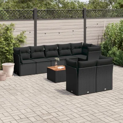 Produktbild von Design 9-tlg. Garten-Sofagarnitur mit Kissen Schwarz Poly Rattan, Gartenmöbel-Sets 2024 Neu