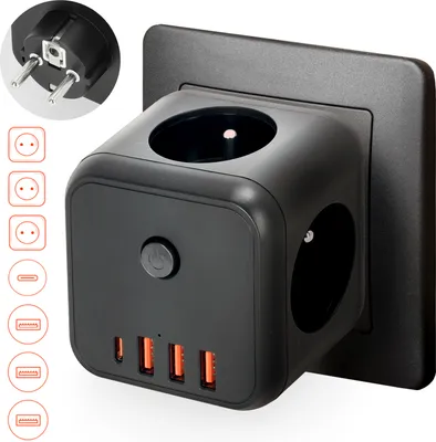Produktbild von Verlängerungssteckdosenleiste KOBI LINEA PRO CUBE C Schwarz 3 Fach Steckdosenleiste Mehrfachsteckdose mit 3xUSB  und 1 USB-C, max 3600W Mehrfachstecker max. 16A