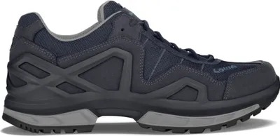 A side view of a blue and gray Lowa hiking shoe against a white background.
