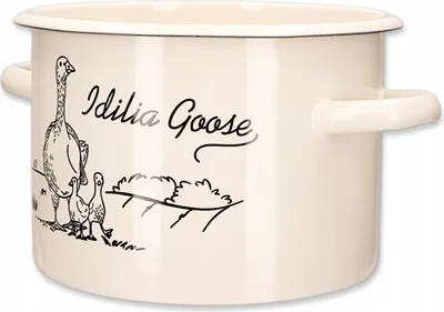 A cream-colored enamel pot with a black goose illustration and text on it.