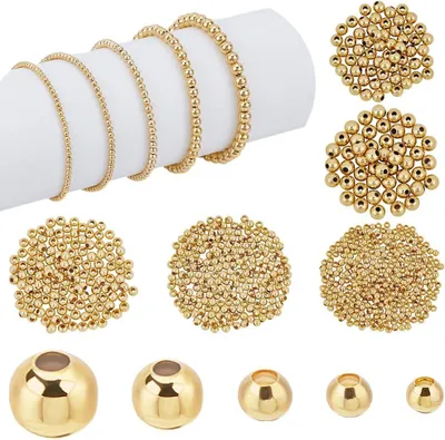 Productafbeelding van PH PandaHall 695 stuks 18 karaat gouden afstandskralen - 5 maten - Ronde kralen - Messing - Metaal - Gouden kralen - Zomer - Bruiloft - Armband