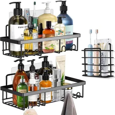 Productafbeelding van Unyqoos® 3-delige set doucheplanken van roestvrij staal (SUS304), zwart, zonder boren, met afwateringsdesign, voorzien van 8 haken – plank voor badkamer en keuken