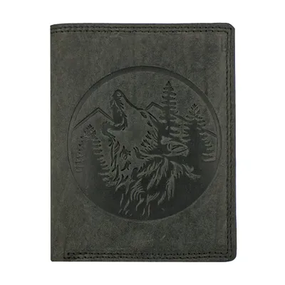 Produktbild von RFID Büffel Echt Leder Herren Geldbörse Portemonnaie mit geprägtem Wolf Motiv Schwarz Hochformat