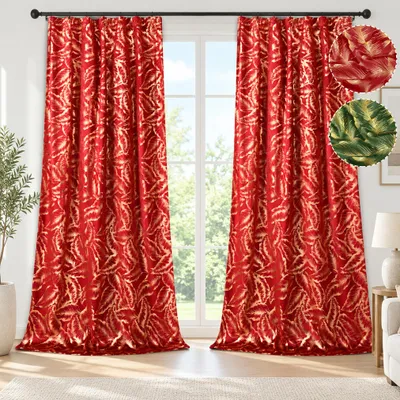 Produktbild von 2er Set Samt Weihnachtsvorhang Blatt Goldfolie Verdunkelung Rot 132x214 cm für Wohnzimmer Schlafzimmer Winter Deko