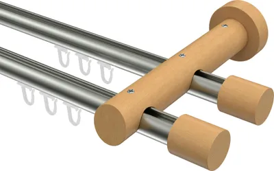 Produktbild von Interdeco Innenlaufstange / Gardinenstange mit Innenlauf Edelstahl-Optik / Buche lackiert, Typ Talent Feta (Kappe), 20 mm Ø 2-läufig, 440 cm