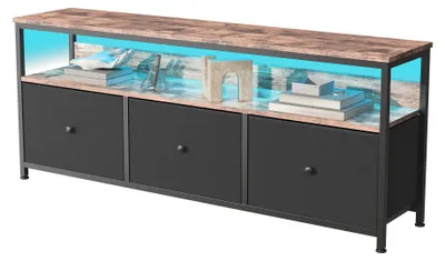 Produktbild von TV-Lowboard - TV-Schrank - 137 x 30 x 57 cm - 3 Stoffschubladen - Offene Fächer - Metallrahmen - MDF - Schwarz