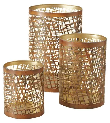 Produktbild von 3er Set Windlichter, Eisen, Gold, Gitterform, H 12-22 cm