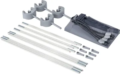 A collection of parts for an INTEX pool cover, including poles, connectors, and the cover itself, laid out on a white background.