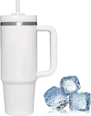 Produktbild von Doppelwandiger Edelstahl-Becher 1200 ml für unterwegs mit Löffel und Griff - weiß
