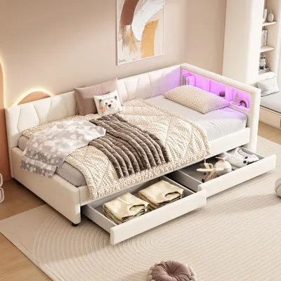 Produktbild von Tagesbett und Schlafsofa aus Leinen, mit USB+Typ C, LED-Licht, Bett mit zwei Schubladen und Lattenrost, ohne Matratze, Beige, 90x200 cm