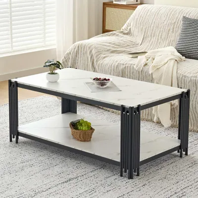 Produktbild von Moderner Couchtisch Weiß-Gold Marmoroptik Metallbeine Wohnzimmer Tisch Rechteck 114x64x46