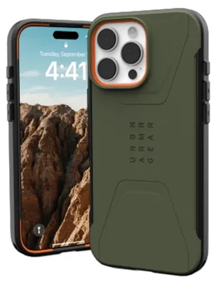 A green UAG Urban Armor Gear Civilian MagSafe case is shown next to an iPhone.
