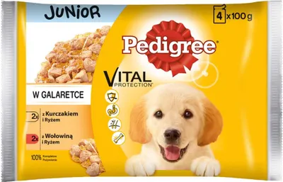 A package of Pedigree Junior dog food with a picture of a puppy on it.