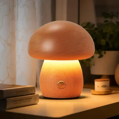 Image de Lampe de chevet en bois - Lampe en forme de champignon - Éclairage d'ambiance - Intensité variable - 9x9x10 cm - Couleur bois
