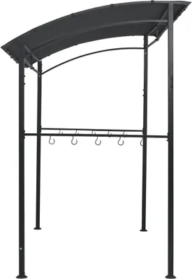 A black metal BBQ pavilion with a curved roof and hooks for hanging utensils.
