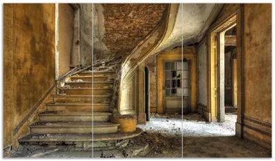 Produktbild von Wallario Herdabdeckplatte aus Glas, Größe 90 x 52 cm 3-teilig, Motiv Massive Steintreppe in herrenlosem Haus
