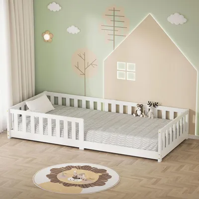 Produktbild von ML-Design Kinderbett 90x200 cm Weiß Bodenbett für Kinder mit Lattenrost und Rausfallschutz Jugendbett aus massivem Kiefernholz Bettgestell Babybett