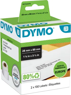 Produktbild von DYMO Original LabelWriter Adressetiketten | 28 mm x 89 mm | schwarz auf weiß | 2 Rollen mit je 130 leicht ablösbaren Etiketten (260 Etiketten) | selbstklebend | für LabelWriter Etikettendrucker und Beschriftungsgerät