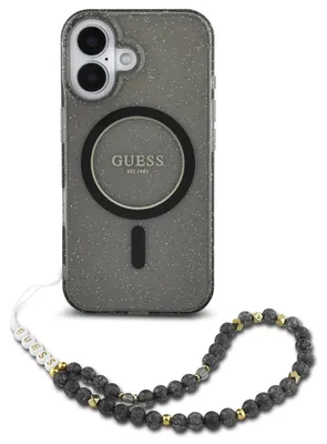 Produktbild von Guess IML Glitter With Pearl Strap MagSafe - iPhone 16 Hülle (Schwarz)