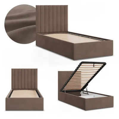Produktbild von Polsterbett POLLA 90x200 Samt mit Bettkasten und hochklappbarem Metall-Lattenrost, Einzelbett mit Kopfteil Braun