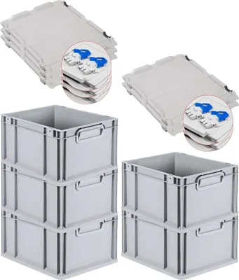 Produktbild von SuperSparSet 5x Eurobox NextGen Grip mit Scharnierdeckel und blauen Schiebeschnappverschlüssen | HxBxT 22x30x40cm | 20 Liter | Grau | Griffe geschlossen | Glatter Boden | Eurobehälter, Transportbox, Transportbehälter, Stapelbehälter