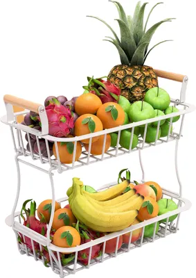 Immagine prodotto di Cestino portfrutta a due ripiani Relaxdays, vassoio per frutta da cucina, cestino in metallo per frutta e verdura, manici, metallo e legno, bianco