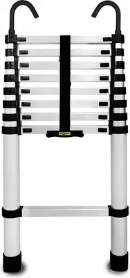 Immagine prodotto di Drabest | Scala telescopica - scala estensibile - con gancio - 2,6 m - 9 gradini - scala in alluminio - fino a 125 kg - sicura e mobile