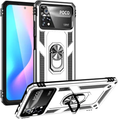 Obrázek produktu pro Pouzdro pro Xiaomi Poco X4 Pro 5G dvouvrstvé robustní, vojenská ochrana pouzdro s držákem prstenu a stojánkem Stříbro