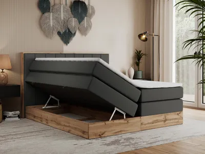 Produktbild von MKS MEBLE King Boxspringbett 180x200 mit Bettkasten Eiche, Polsterbett 180x200 mit Matratze H3, Bett 180x200 mit Rahmen in Wotan Eiche und Kopfteil - Dunkelgrau Kunstleder - Bellissimo King