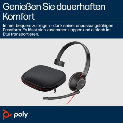 Zdjęcie produktu dla HP Poly Jednouszny zestaw słuchawkowy USB-C Poly Blackwire 5210 + wtyczka 3,5 mm + przejściówka USB-C/A, Przewodowa, Biuro/centrum telefoniczne, 125,4 g, Zestaw słuchawkowy, Czarny