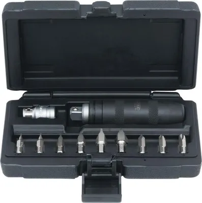 A black plastic case containing a manual impact screwdriver set.