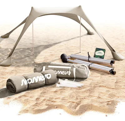 Imagen del producto de Toldo con protección UV UPF50+, resistente al viento, color arena, ligero, con 2 varillas, ideal para la playa y el jardín