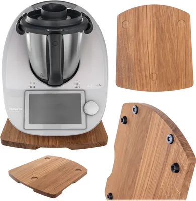 A collage of a kitchen appliance and wooden accessories for it.