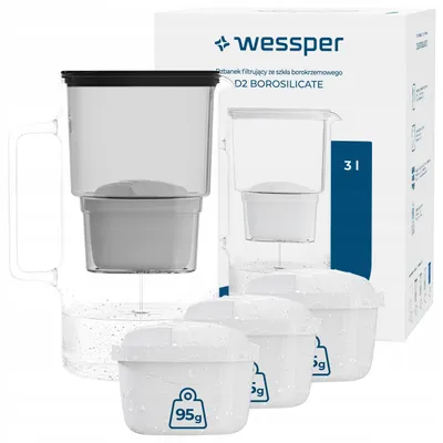 Produktbild von Wessper D2 BOROSILICATE Wasserfilterkanne 3 L Schwarz – Glasfilterkanne mit 4 AquaMax Filter, BPA-frei
